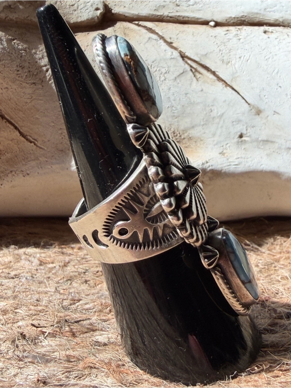 Samual Yellowhair Navajo Sterling Silver Golden Hills Turquoise Statement Ring - Picture 3 of 9